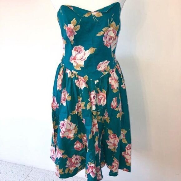 Carol Anderson California Dress Size 10 Turquoise Floral Cotton Attached Belt - Picture 8 of 13